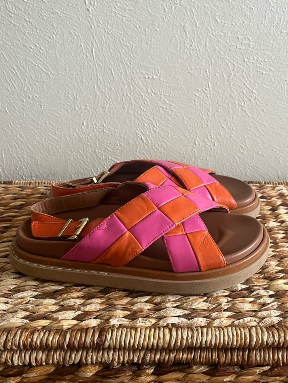 ALOHAS marshmallow scacchi leather sandals pomelo orange magenta woven 38 7.5 8 - Picture 2 of 9